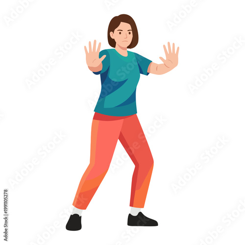 A focused individual stands in a defensive pose, exemplifying determination and discipline within martial arts, portraying empowerment, mental strength, and physical readiness.