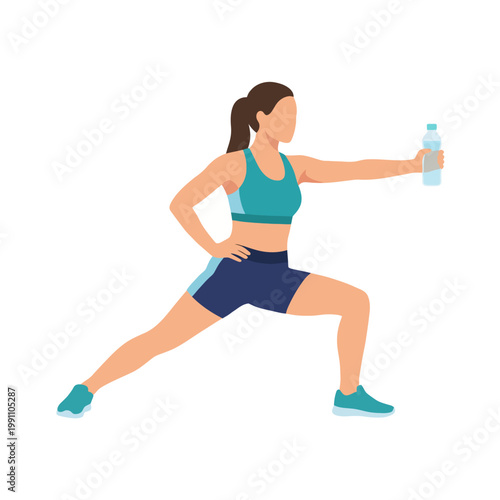 A woman is performing a lunge while holding a water bottle, showcasing her commitment to fitness and hydration during an active workout session in a vibrant setting.