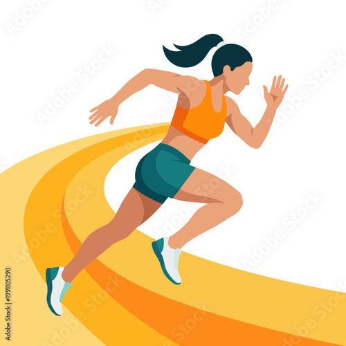A sporty woman sprinting on a vibrant yellow curved track, showcasing her athleticism and determination in a set environment, highlighting action and energy.