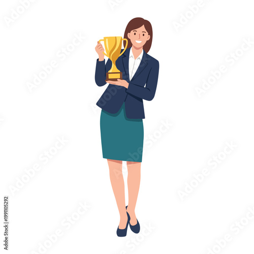 A confident professional woman in formal attire proudly holds a trophy, symbolizing achievement and success in the workplace, inspiring others to strive for excellence.