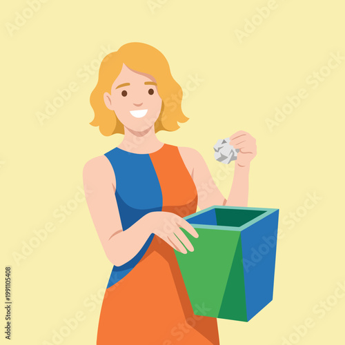 In this lively image, a cheerful woman actively participates in recycling, symbolizing environmental care and sustainability, while happily disposing of paper waste.