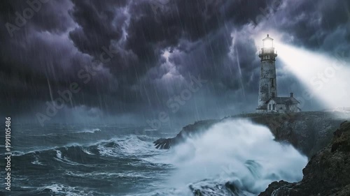 Lighthouse standing on rocky cliff during dramatic thunderstorm with heavy rain and crashing waves in dark ocean