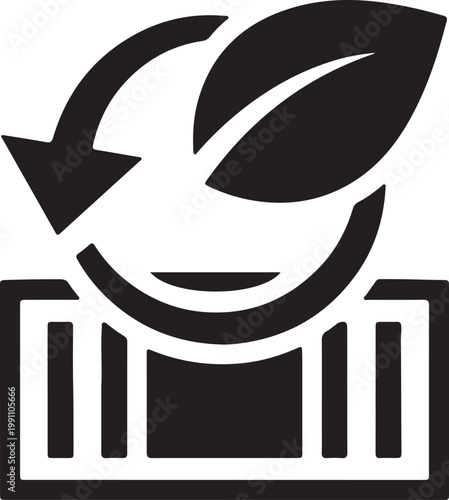 Black line of factory with circular arrow and leaf, symbolizing sustainable production