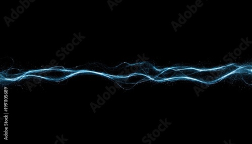A bright blue wavy light streak stretches across a solid black background with a mesmerizing pattern of glowing threads and particles in a horizontal line