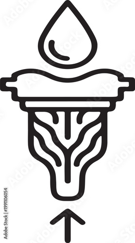 Line of flame-topped vessel with organic tubing and downward arrow