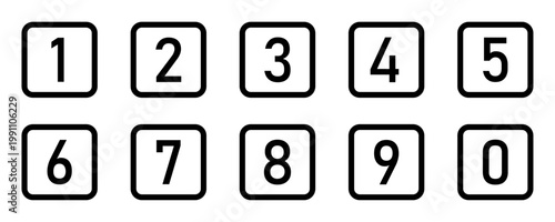 Bullet point icons set with numbers from 0-9 in black rounded square outline. Numeric or numeral typographic set of counting numbers from 0 to 9 for apps, websites and UI isolated on white background