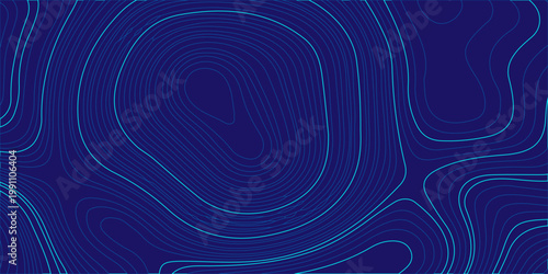 Blue Topographic Map Background with Organic Abstract Contour Lines. Minimalist Vector Pattern for Web Design. Digital abstraction of  blue motion wave with light spiral circles, fractal vortex design