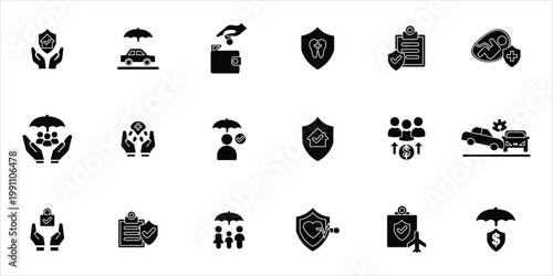 insurance icons set. home insurance, life insurance, family insurance, social insurance, beneficiary and more. simple solid vector illustration