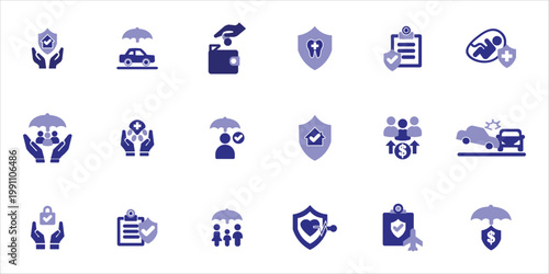 insurance icons set. home insurance, family insurance, social insurance, beneficiary and more. simple colored vector illustration