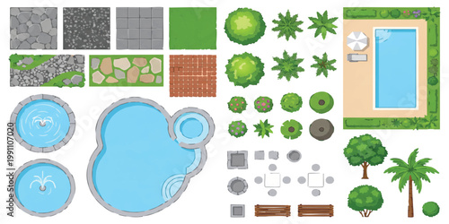 Top view landscape design elements set with swimming pools and garden trees vector