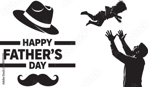 Happy Father’s Day Typography with Mustache Hat and Father Tossing Child Silhouette – Family Love Vector Illustration