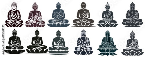 Buddha statue silhouette collection with various mudras, lotus meditation icons set, oriental religious symbols for logo design, spiritual zen yoga wellness vector elements.