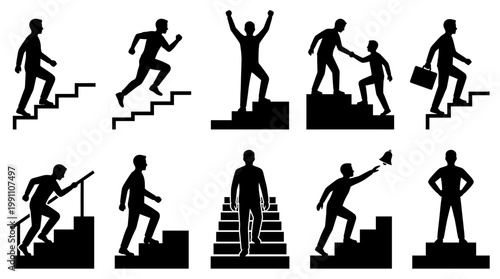 Climbing Stairs Silhouette Vector Set – 10 Success & Growth Concept Poses