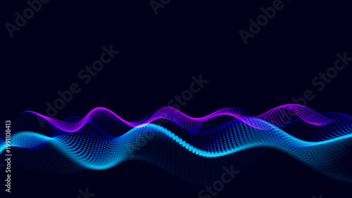 Cyan and purple particle wave vector background with glowing dot mesh, deep blue copy space, soft depth of field and futuristic data visualization style for technology banner design.
