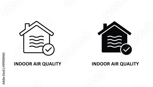 Indoor air quality check icon with house wavy lines and checkmark simple outline and solid fill vector graphic