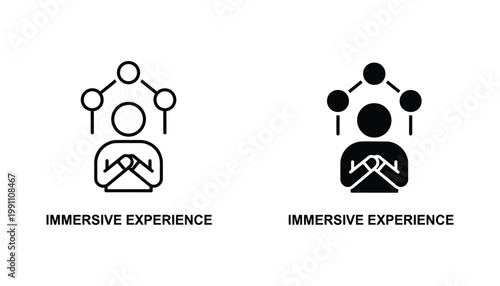 Immersive experience virtual reality icon set featuring person with connected nodes representing user engagement and technology in outline and solid black vector style