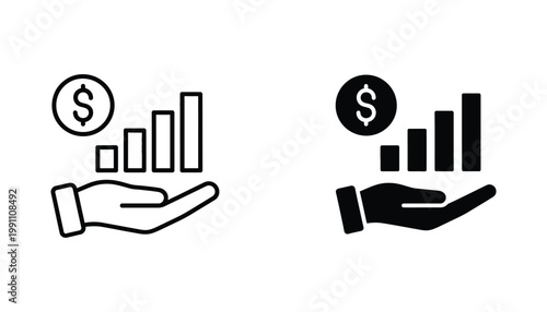 Financial growth investment bar chart icon set held in hand representing profit and earnings increase in clean outline and solid black vector design for business apps