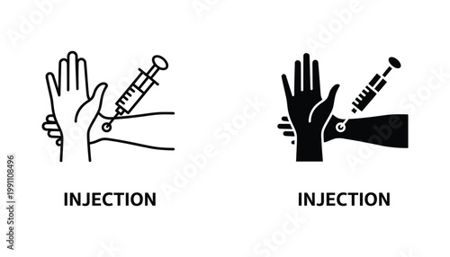 Medical injection procedure icon set showing syringe and hand representing vaccination and healthcare treatment in outline and solid black vector style for clinical use