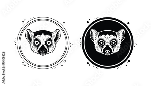 Lemur head portrait within circular decorative frame in linear and solid black icon style for wildlife and nature conservation branding isolated on a clean professional white background for design