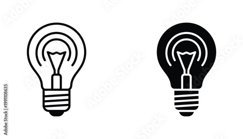 Light bulb with glowing filament interior lines in linear and solid black icon style for electricity and energy efficiency concept design isolated on a clean professional white background for usage