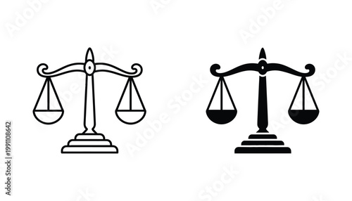 Scales of justice symbol in linear and solid black icon style for legal and law firm professional branding isolated on a clean white background for corporate identity and legal document usage