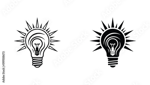 Light bulb symbol with radiating sun rays in linear and solid black icon style for business innovation and creative concept visualization isolated on a professional white background for graphic use
