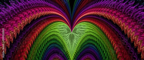 vibrant abstract fractal pattern with psychedelic colors, layered symmetry, and feathered waves creating a surreal decorative background