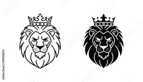 King lion head crest with crown in minimalist black and white line art and solid silhouette style for professional logo design and mascot branding applications isolated on a clean white background