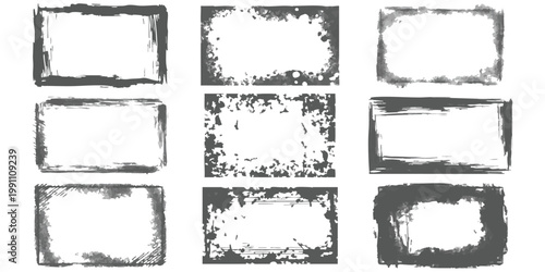 Set of nine rectangular grunge frames with distressed edges vector illustration