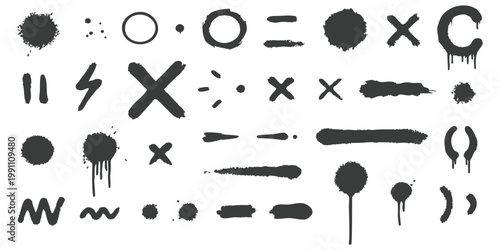 Set of black graffiti spray paint splatters and grunge brush stroke elements vector