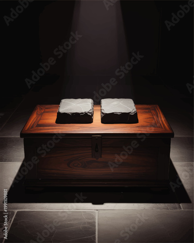 Dramatic spotlight on ancient stone tablets atop wooden chest in dark chamber, mysterious artifact display and treasure concept