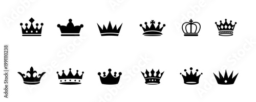 Various crown designs are displayed in a neat line, each symbolizing grandeur and elegance. Vector perfect for creative projects