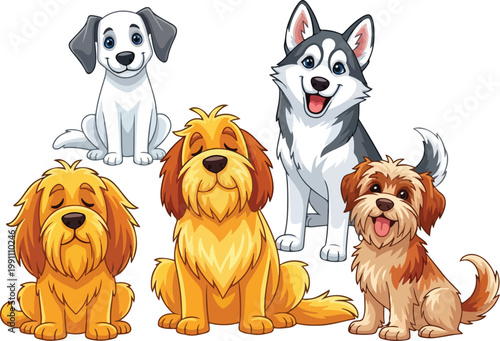 A cute group of domestic puppies and purebred dogs including a chihuahua sitting together as a set of pets isolated on a white background