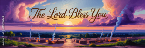 Inspirational Christian Sunset Landscape with The Lord Bless You Calligraphy Over Ancient Village and Dramatic Colorful Clouds