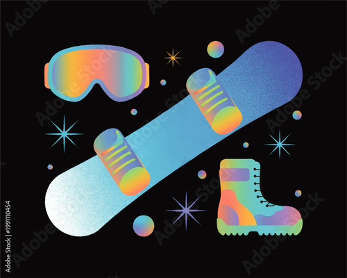 Colorful Snowboard Gear Illustration with Snowboard, Goggles, Boot and Bindings on Black Background Winter Sports Design