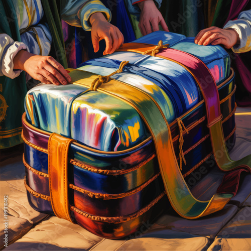 Colorful illustrated close up of hands carrying wrapped body on bier, biblical burial scene, religious painting style