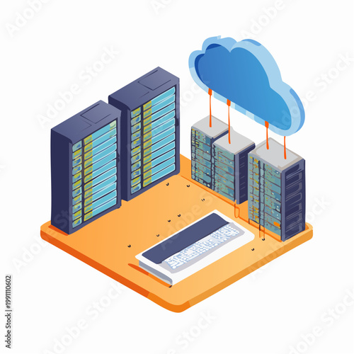 Serveurs de data center en illustration 3D isométrique avec icône cloud
