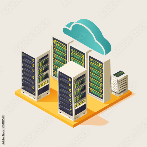 Serveurs de data center en illustration 3D isométrique avec icône cloud