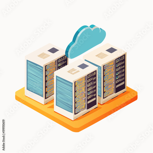 Serveurs de data center en illustration 3D isométrique avec icône cloud