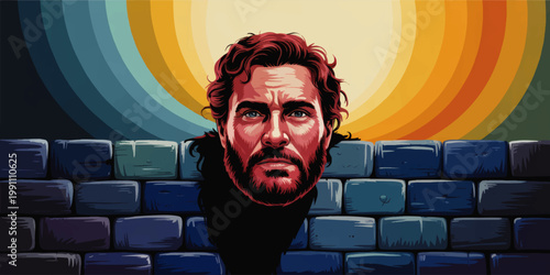 Stylized male portrait with beard against blue brick wall and retro rainbow sunburst, modern pop art vector illustration
