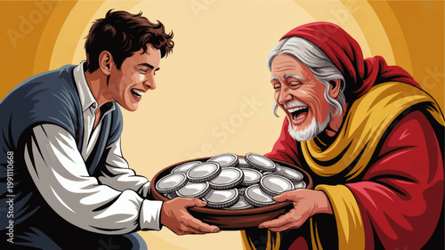 Joyful biblical widow offering silver coins to a smiling young man, warm spiritual generosity illustration with copy space