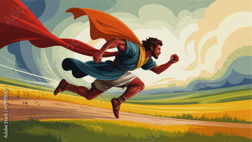 Biblical hero running through countryside with flowing red cape, dramatic sky and vintage style spiritual illustration