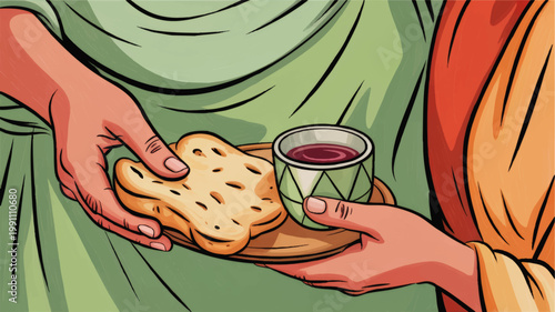Compassionate Sharing of Bread and Wine Illustration, Charity, Faith, Hospitality, Community Support, Biblical Generosity Scene