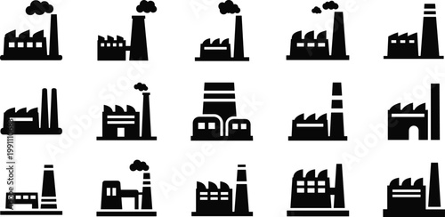 Set of black silhouette icons depicting various factories, manufacturing plants, industrial buildings with smoking chimneys for industrial business design.