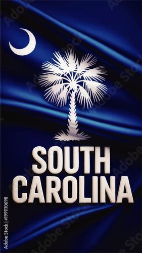 South Carolina state flag illustration on flowing blue fabric with palmetto tree crescent symbol and bold typography banner design