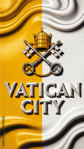 Vatican City poster with papal crossed keys and tiara on yellow and gray marbled background, Catholic religion travel design