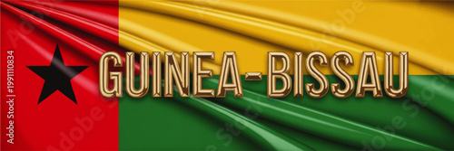 Guinea Bissau flag with glossy fabric waves and bold golden text, vibrant national banner background for travel and culture design