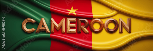 Cameroon flag with carved wooden typography on flowing fabric background, vibrant national banner illustration with star