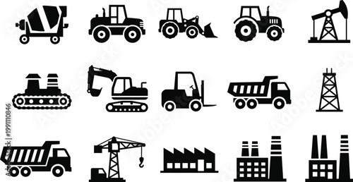 Collection of industrial and construction heavy machinery silhouette icons featuring trucks, cranes, factories, and agricultural vehicles for design.