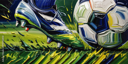 Dynamic soccer boot kicking football on green field, vibrant abstract sports painting with motion, energy and competitive action